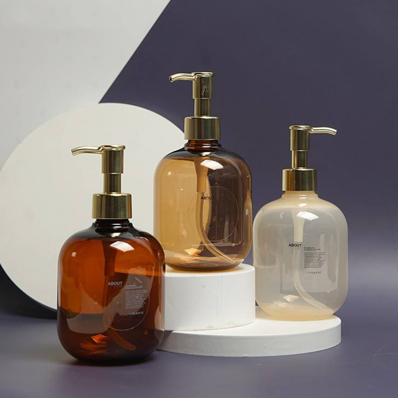 300 ミリリットル 500 ミリリットル PET プラスチックアンバーラウンド空コンディショナーボディローションボトルゴールド PET ローションポンプシャンプーボトル