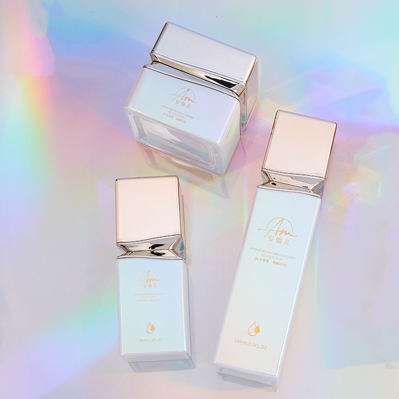 フェイス クリームとアイ クリーム用の虹色の効果を持つ正方形のガラス クリーム ジャー フェイス クリームとアイ クリーム用の虹色の効果を持つ正方形のガラス クリーム ジャー