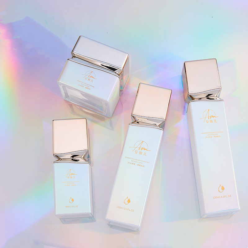 フェイス クリームとアイ クリーム用の虹色の効果を持つ正方形のガラス クリーム ジャー フェイス クリームとアイ クリーム用の虹色の効果を持つ正方形のガラス クリーム ジャー